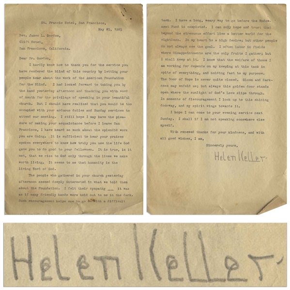Helen Keller Letter Signed -- ''...it was as if many friendly hands were held out to me in the dark...I look up to this shining doorway, and my spirit wings towards it...''